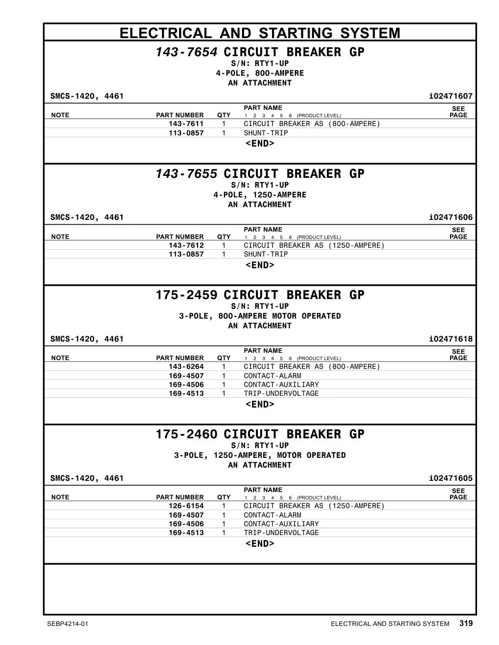 143-7611 CIRCUIT BREAKER AS (800-AMPERE) CAT parts diagram