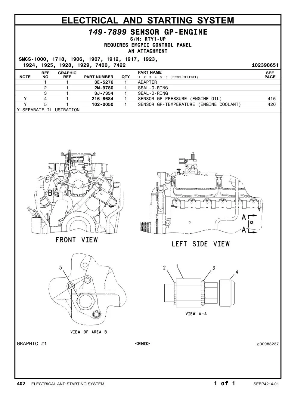 216-8684 SENSOR GP-PRESSURE (ENGINE OIL) · S/N RTY1-UP CAT parts manual diagram