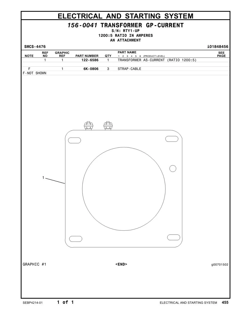 122-6586 TRANSFORMER AS-CURRENT (RATIO 1200:5) · S/N RTY1-UP CAT parts manual diagram