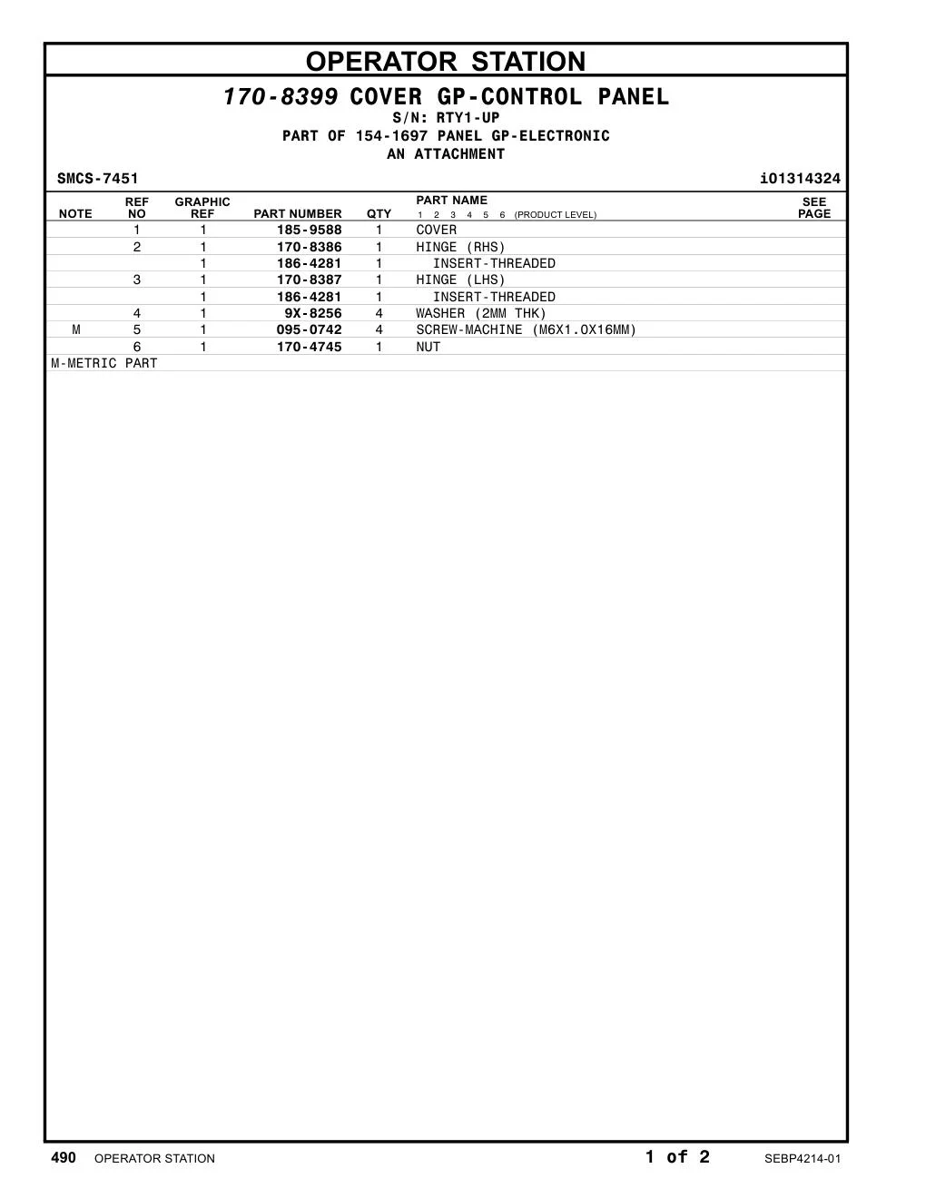 170-8387 HINGE (LH) · S/N RTY1-UP CAT parts manual diagram