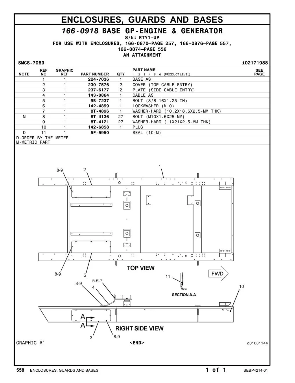 224-7036 BASE AS · S/N RTY1-UP CAT parts manual diagram