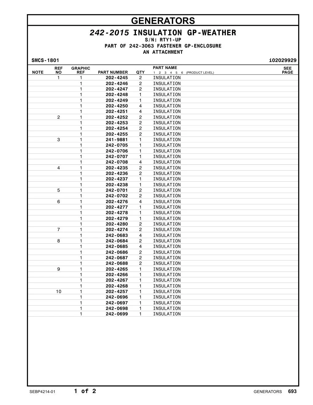 202-4238 INSULATION · S/N RTY1-UP CAT parts manual diagram