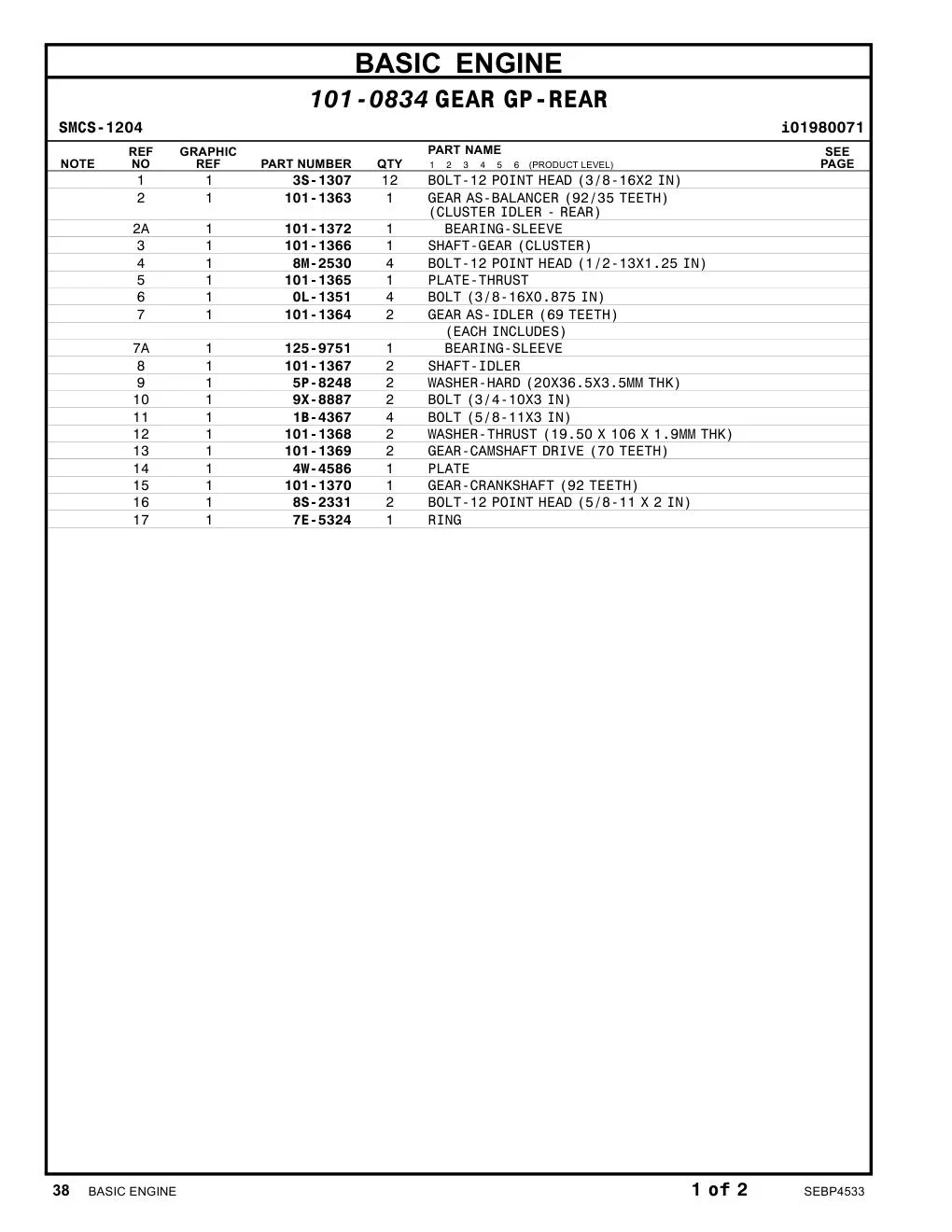 101-1366 SHAFT-GEAR (CLUSTER) CAT parts manual diagram