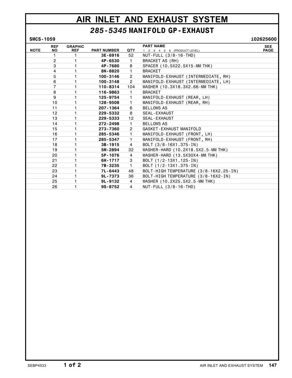 128-9508 MANIFOLD-EXHAUST (REAR, RH) CAT parts manual diagram