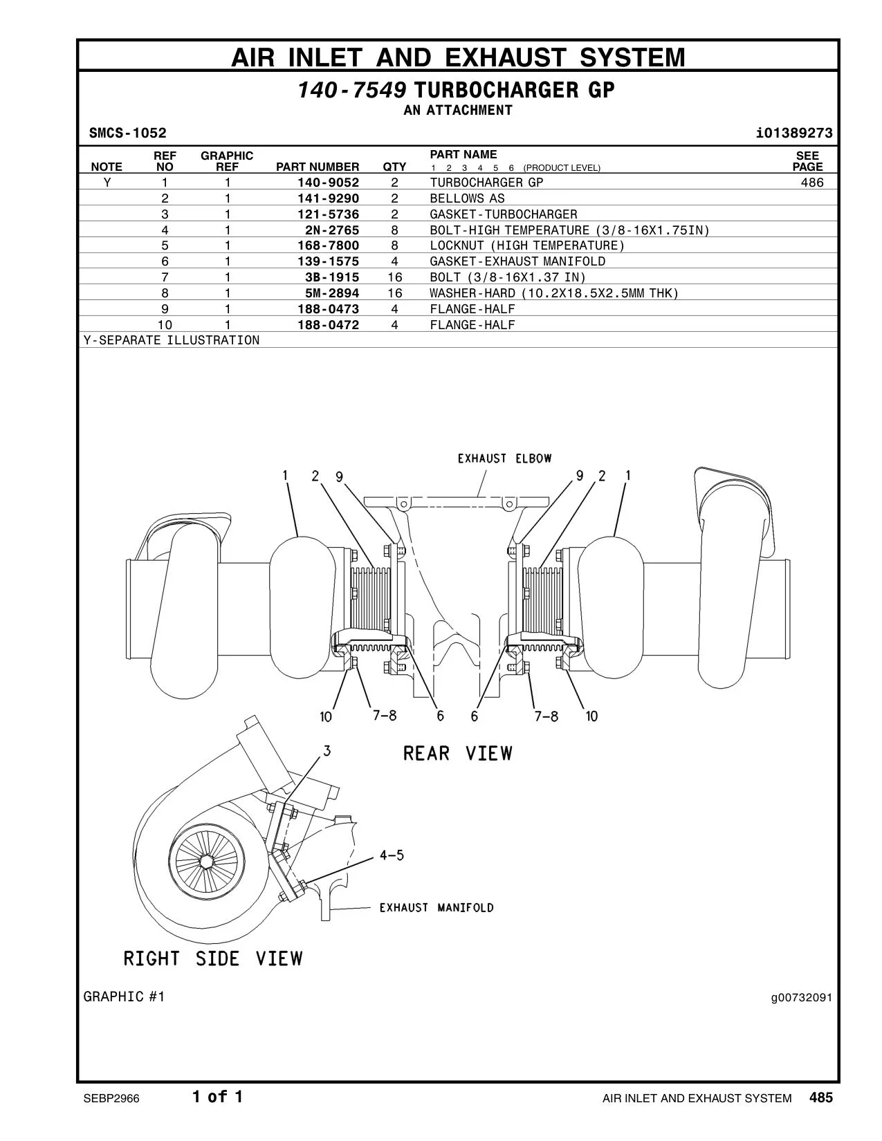 140-9052 TURBOCHARGER GP CAT parts manual diagram