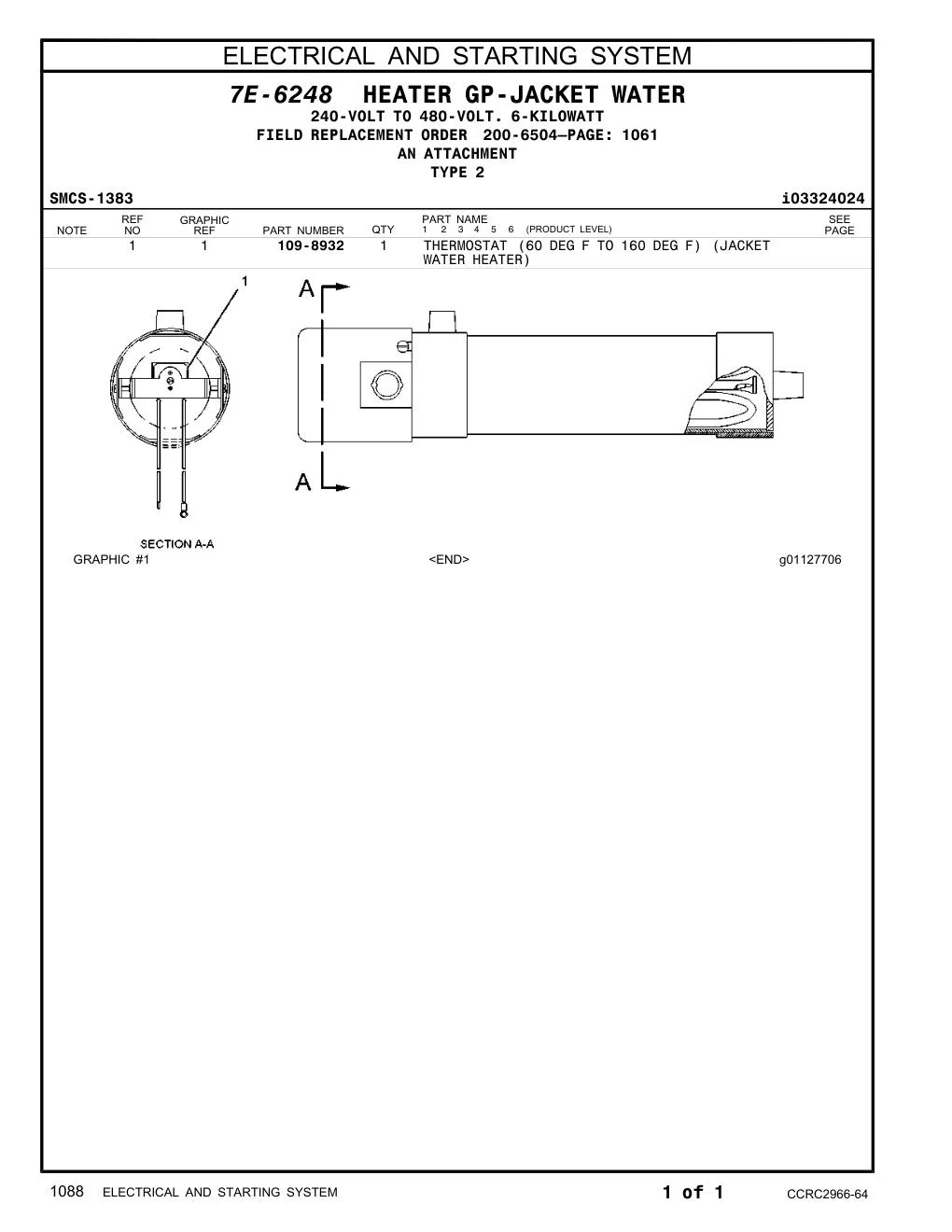 109-8932 THERMOSTAT (60 DEG F TO 160 DEG F) (JACKET CAT parts manual diagram