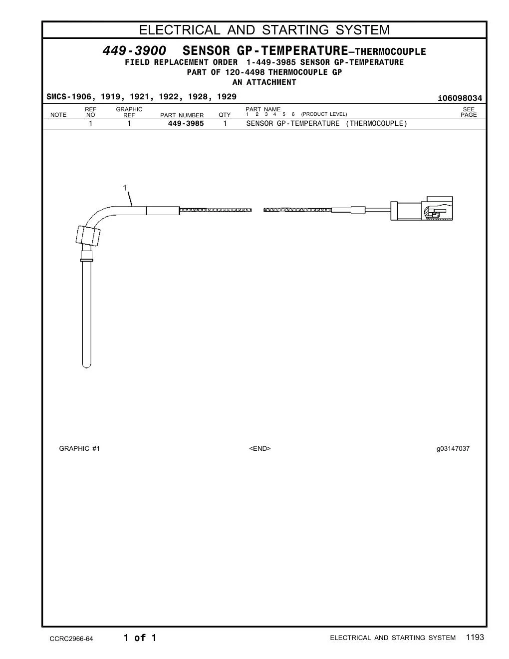 449-3985 SENSOR GP-TEMPERATURE (THERMOCOUPLE) CAT parts manual diagram