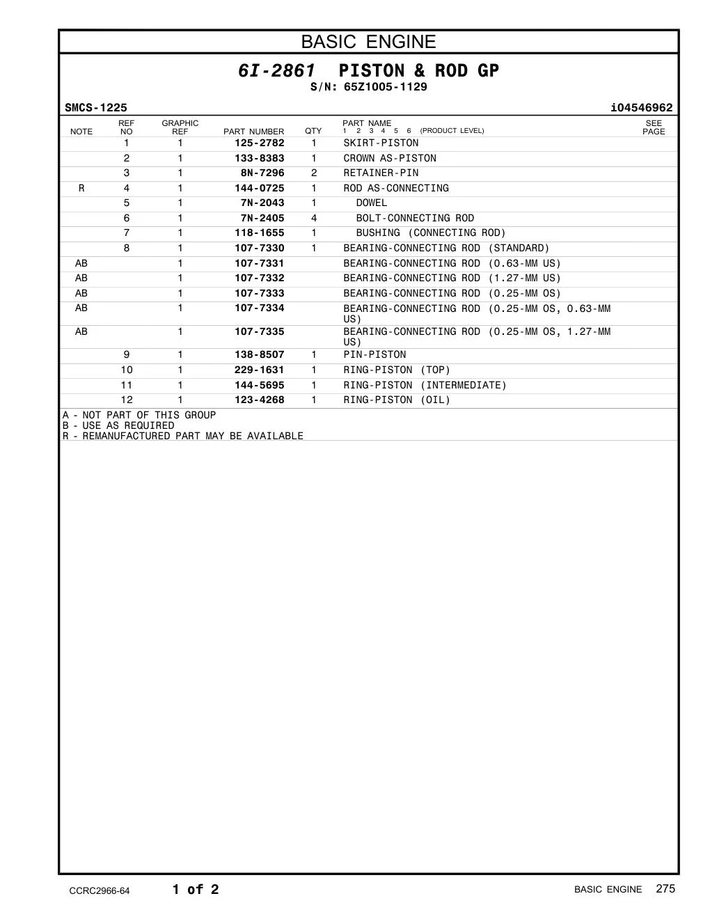 123-4268 RING-PISTON (OIL) · S/N 65Z1005-1129 CAT parts manual diagram
