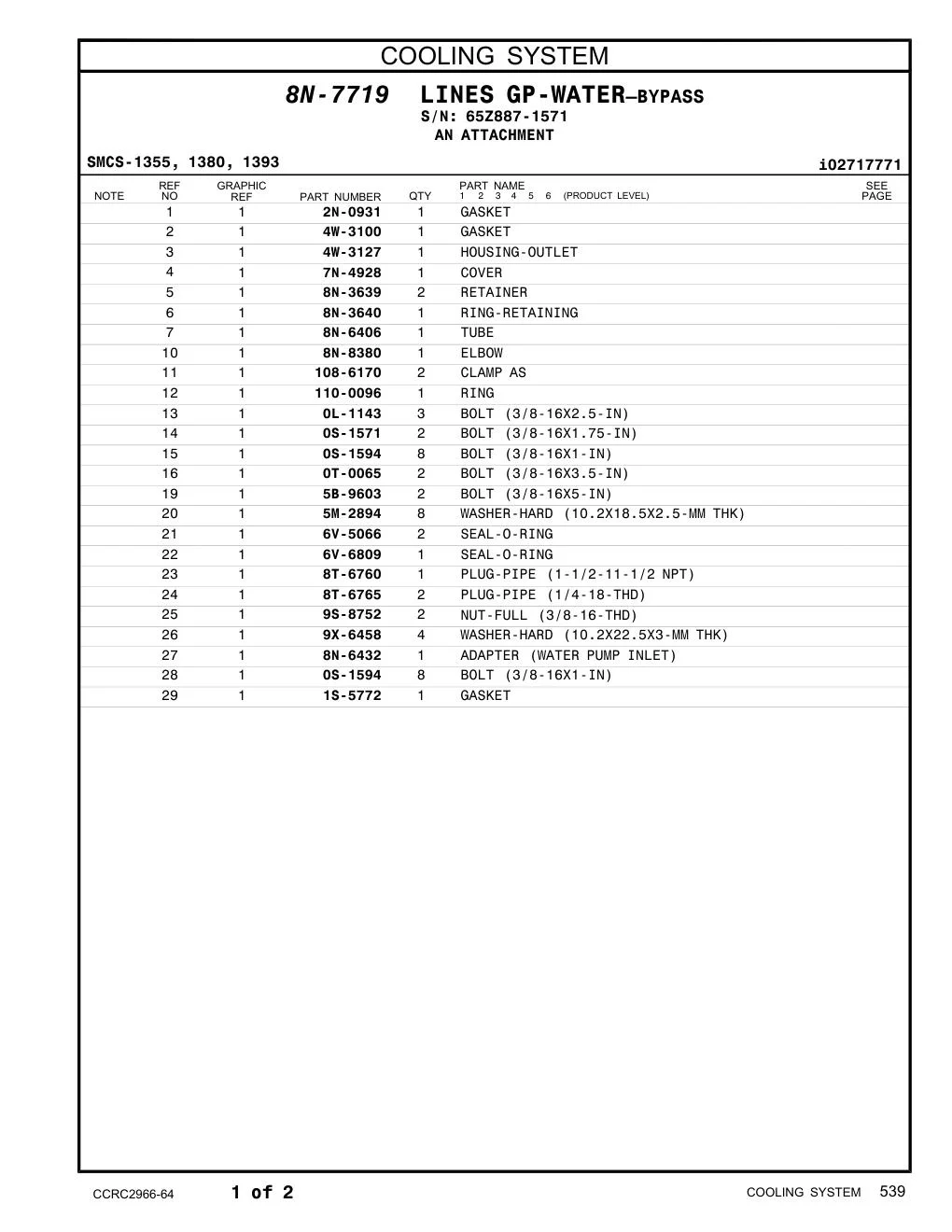 110-0096 RING · S/N 65Z887-1571 CAT parts manual diagram