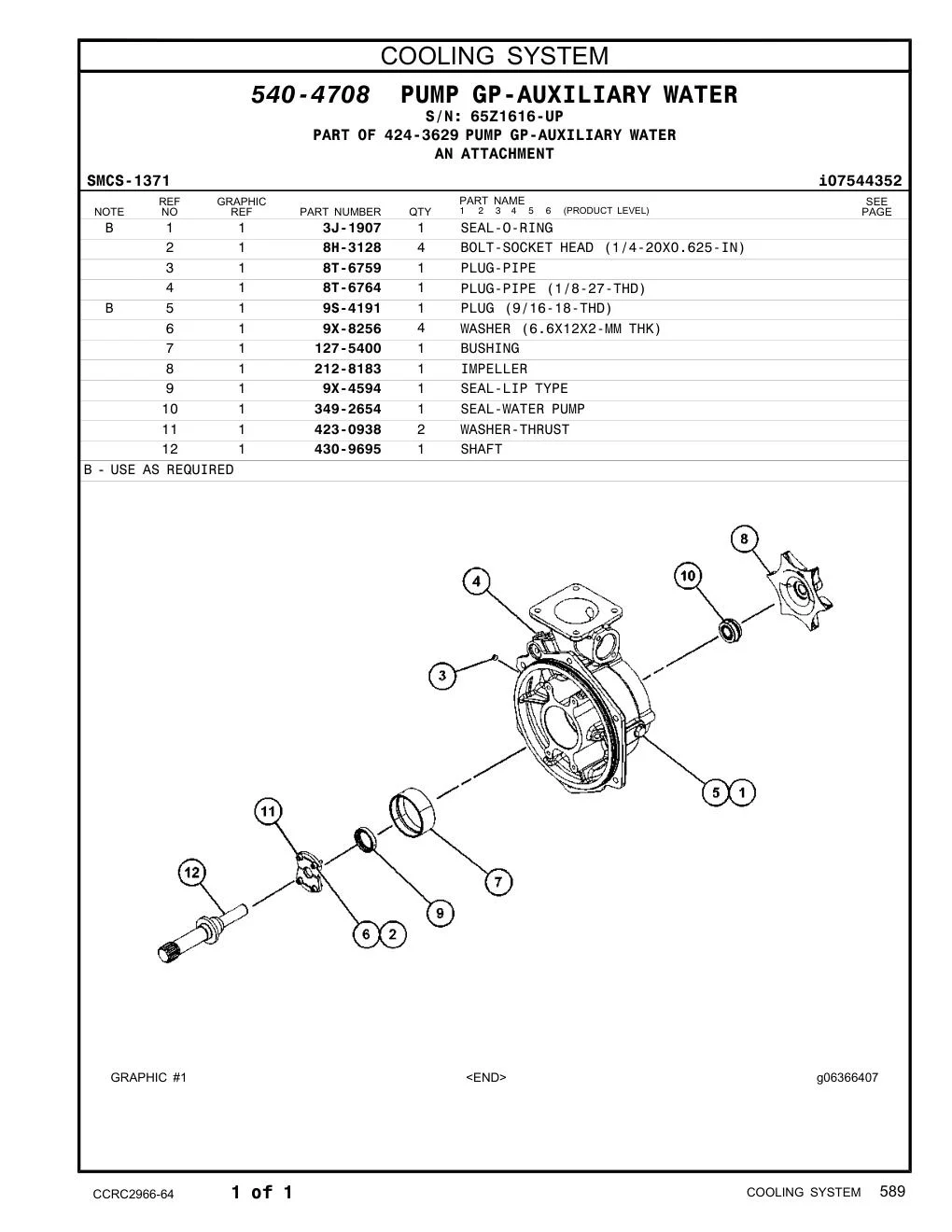 349-2654 SEAL-WATER PUMP · S/N 65Z1616-UP CAT parts manual diagram