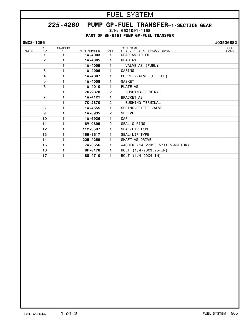 225-4259 SHAFT AS-DRIVE · S/N 65Z1091-1158 CAT parts manual diagram