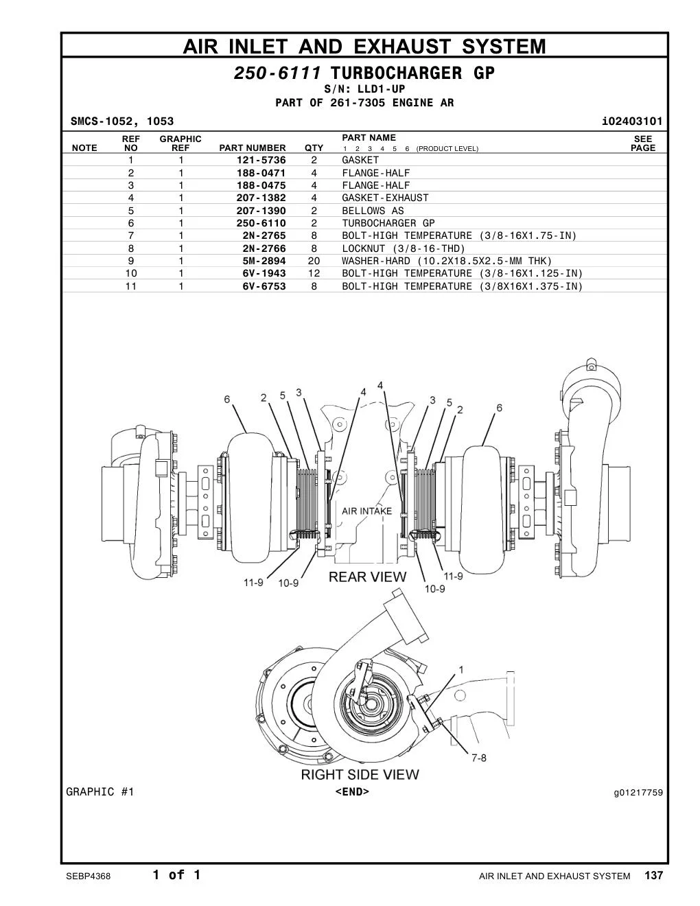 6V-1943 BOLT-HIGH TEMPERATURE (3/8-16X1.125-IN) · S/N LLD1-UP CAT parts manual diagram