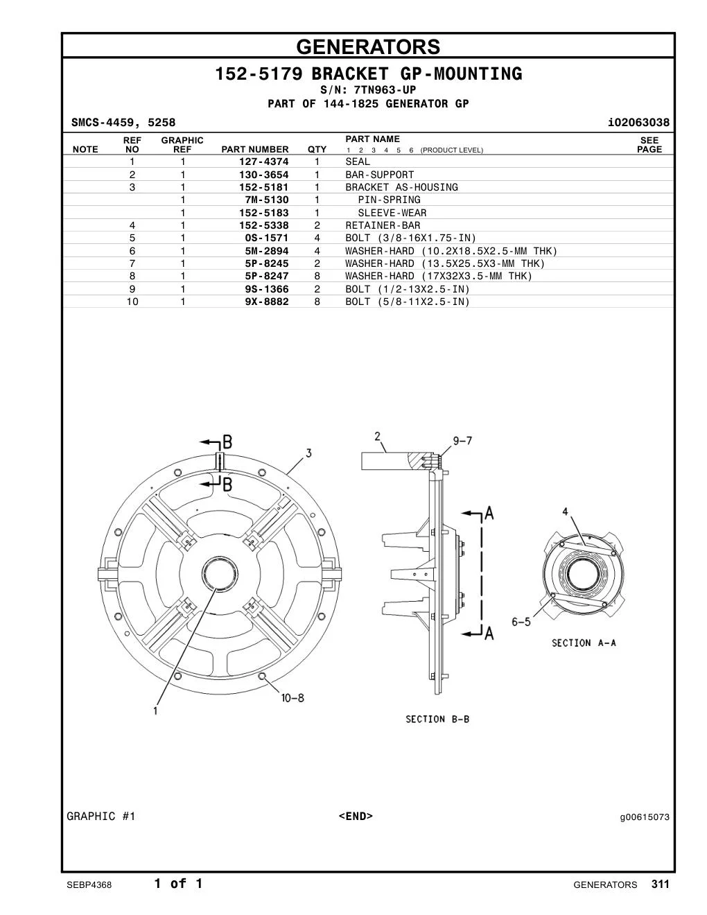 152-5338 RETAINER-BAR · S/N 7TN963-UP CAT parts manual diagram