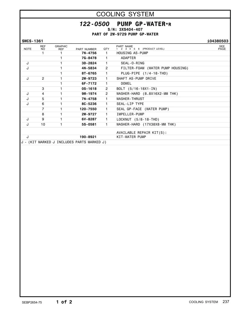 120-7550 SEAL GP-FACE · S/N 3XS404-407 CAT parts manual diagram