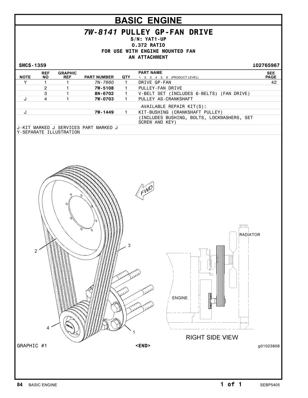 8N-6702 V-BELT SET (INCLUDES 6-BELTS) (FAN DRIVE) · S/N YAT1-UP CAT parts manual diagram