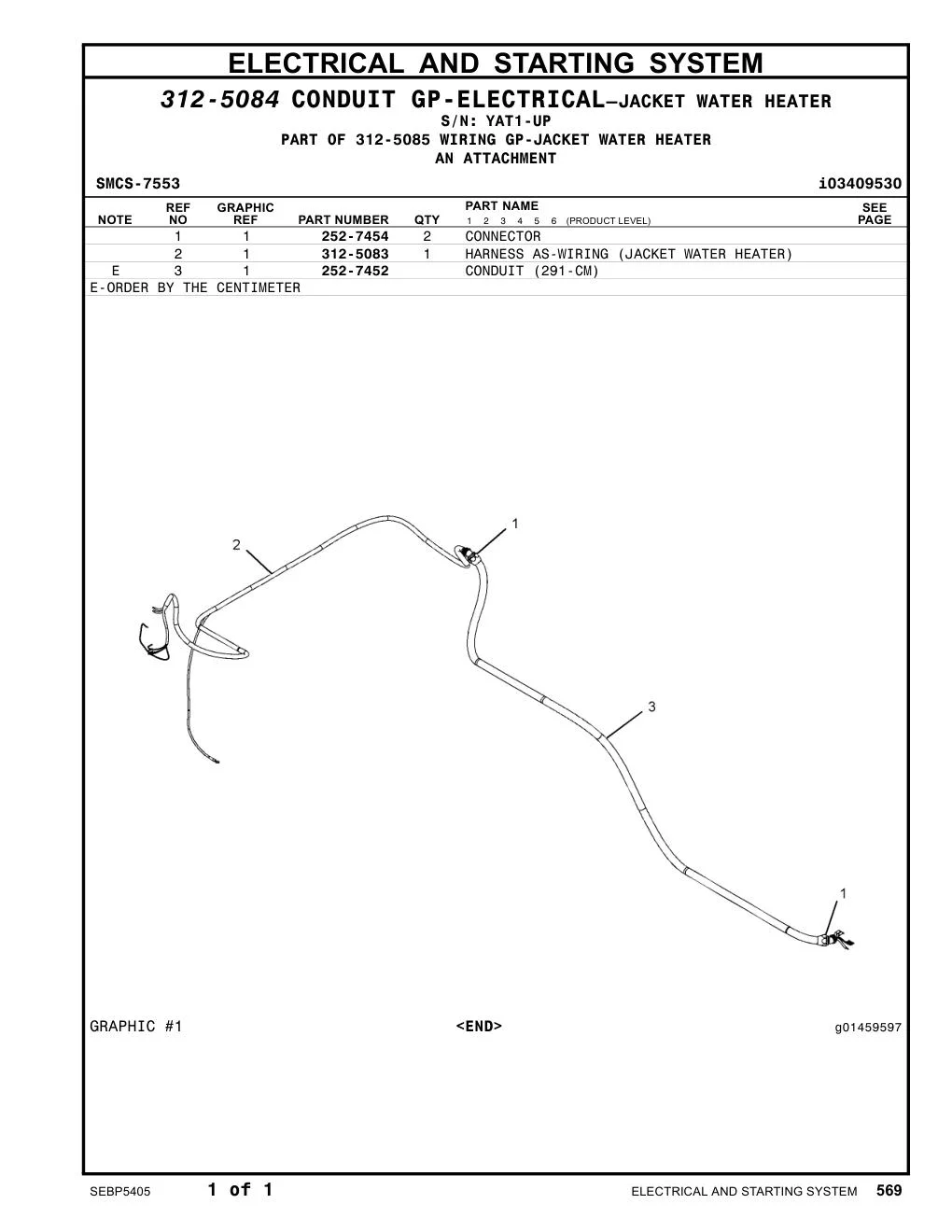 312-5083 HARNESS AS-WIRING (JACKET WATER HEATER) · S/N YAT1-UP CAT parts manual diagram
