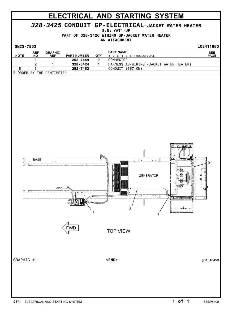 328-3424 HARNESS AS-WIRING (JACKET WATER HEATER) · S/N YAT1-UP CAT parts manual diagram