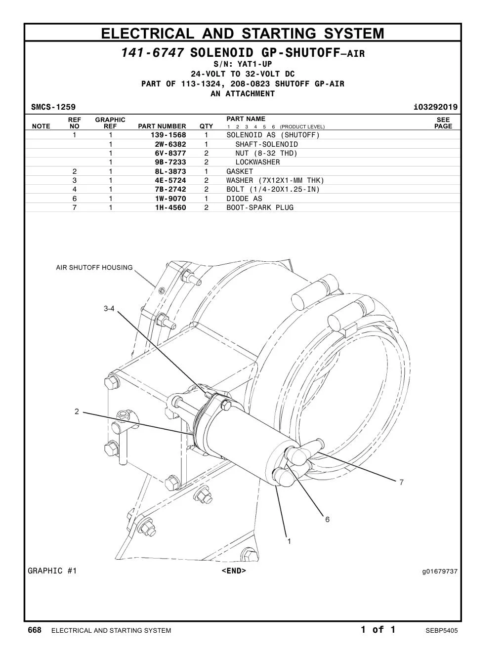 139-1568 SOLENOID AS (SHUTOFF) · S/N YAT1-UP CAT parts manual diagram