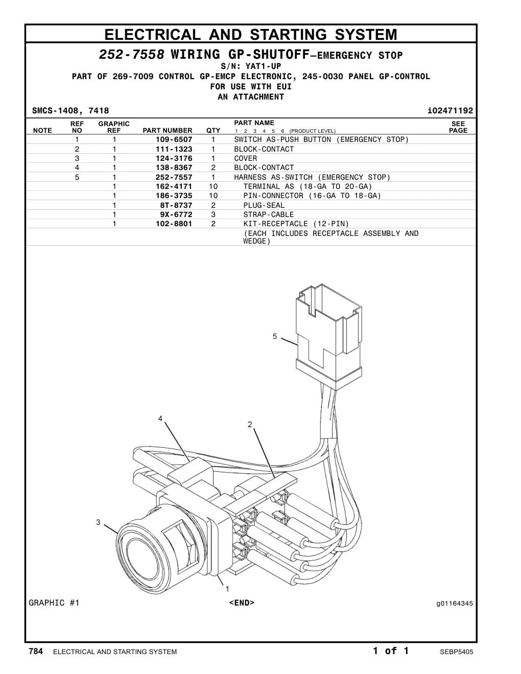 252-7557 HARNESS AS-SWITCH (EMERGENCY STOP) · S/N YAT1-UP CAT parts manual diagram