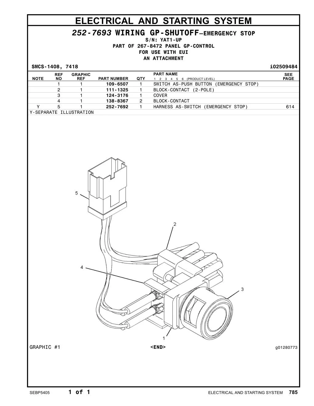 252-7692 HARNESS AS-SWITCH (EMERGENCY STOP) · S/N YAT1-UP CAT parts manual diagram