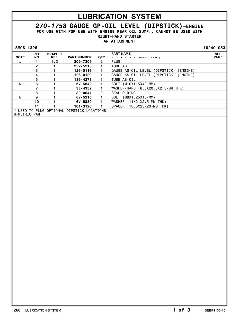 126-0129 GAUGE AS-OIL LEVEL (DIPSTICK) (ENGINE) CAT parts manual diagram