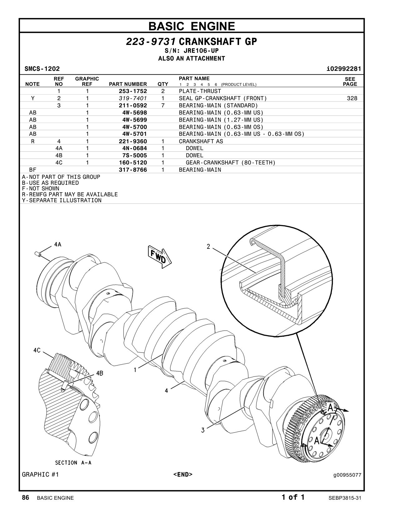 253-1752 PLATE-THRUST · S/N JRE106-UP CAT parts manual diagram