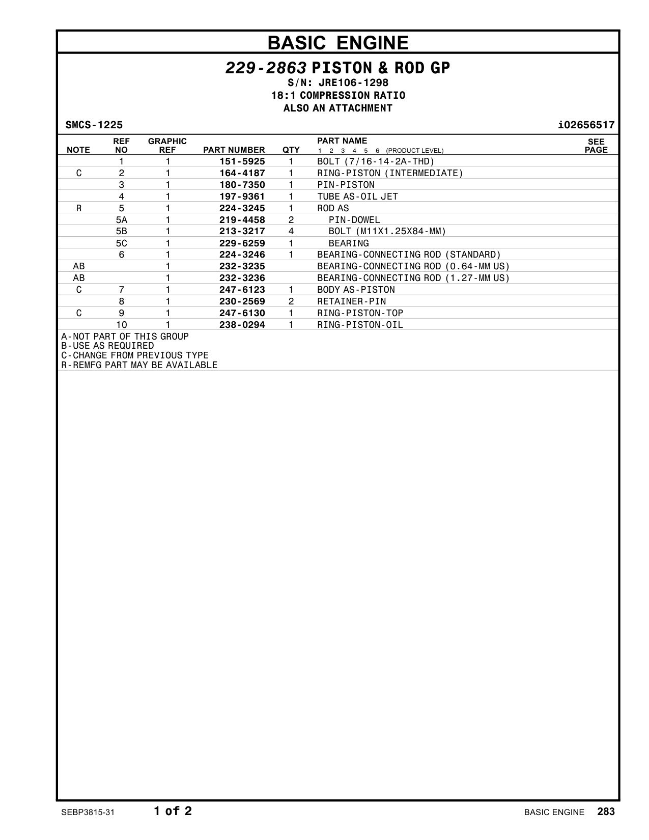 238-0294 RING-PISTON-OIL · S/N JRE106-1298 CAT parts manual diagram
