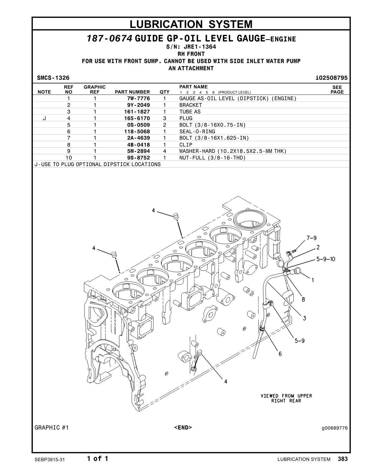 9Y-2049 BRACKET · S/N JRE1-1364 CAT parts manual diagram