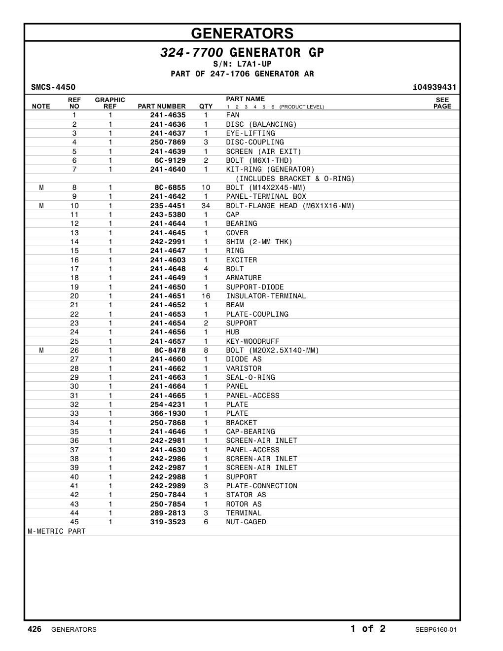 250-7844 STATOR AS · S/N L7A1-UP CAT parts manual diagram