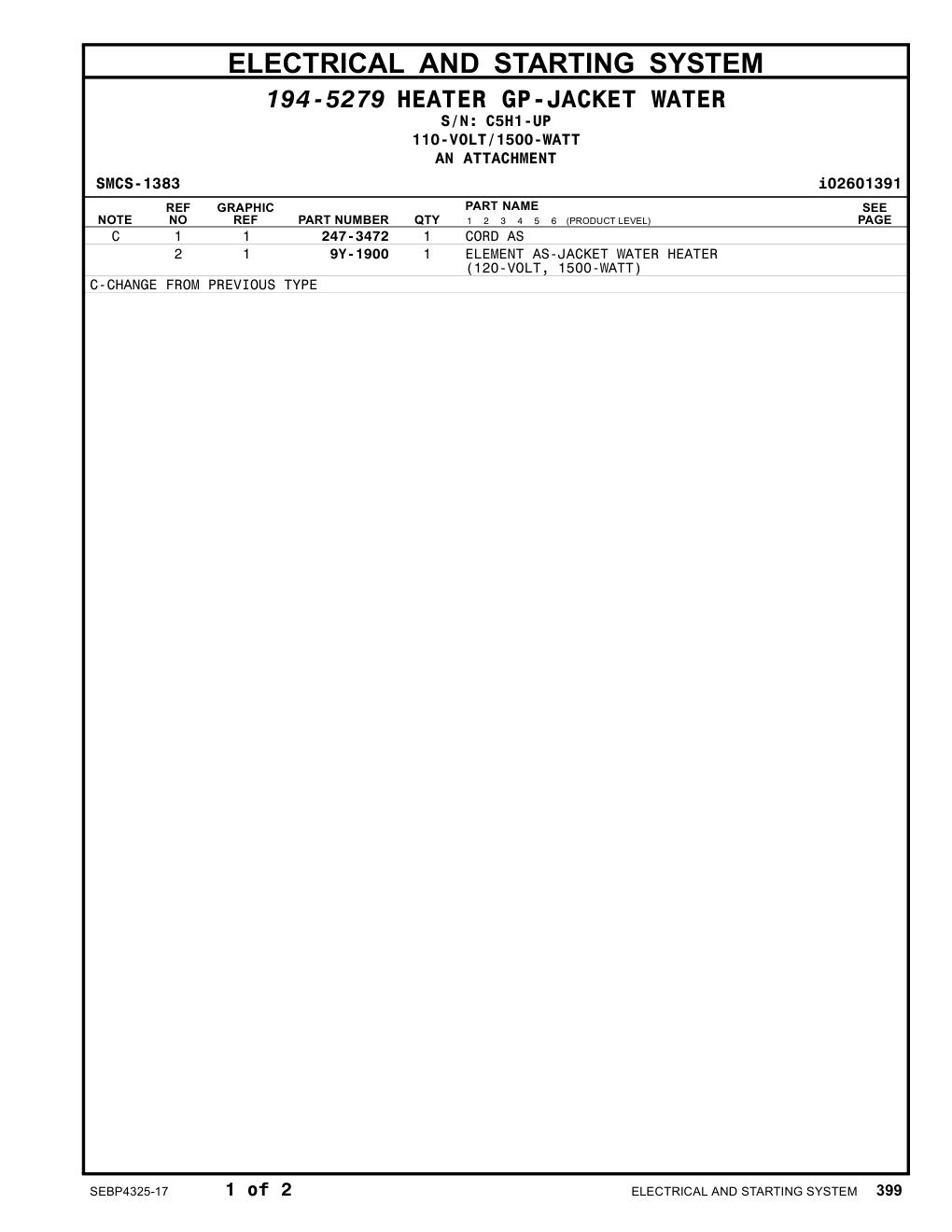 9Y-1900 HEATER-JACKET WATER (120-VOLT) · S/N C5H1-UP CAT parts manual diagram