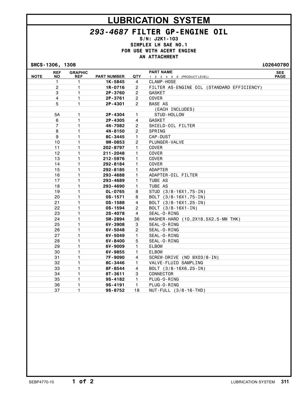 293-4688 ADAPTER-OIL FILTER · S/N J2K1-103 CAT parts manual diagram