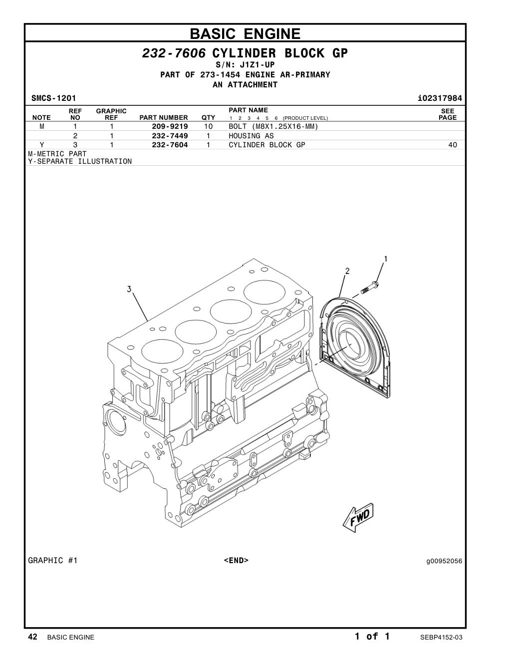 232-7604 CYLINDER BLOCK GP · S/N J1Z1-UP CAT parts manual diagram
