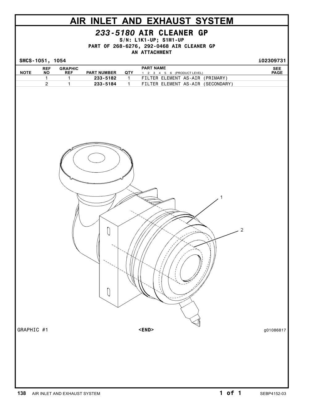 233-5184 FILTER ELEMENT AS-AIR (SECONDARY) CAT parts manual diagram