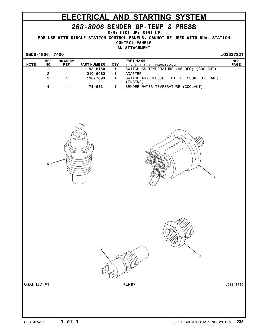 7E-6831 SENDER-WATER TEMPERATURE (COOLANT) CAT parts manual diagram