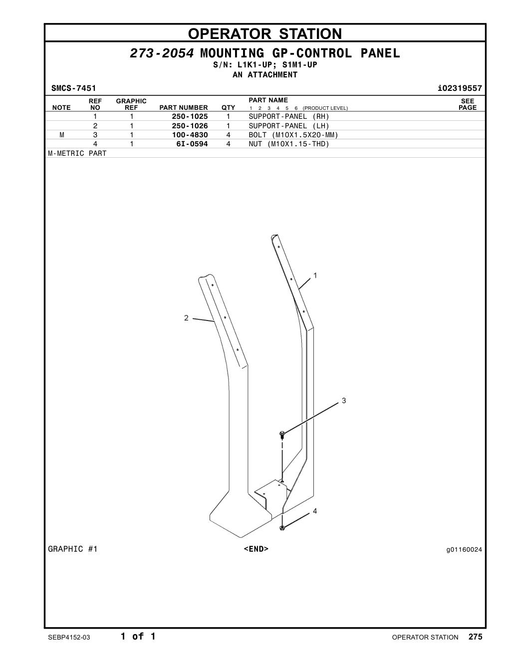 250-1025 SUPPORT-PANEL (RH) CAT parts manual diagram