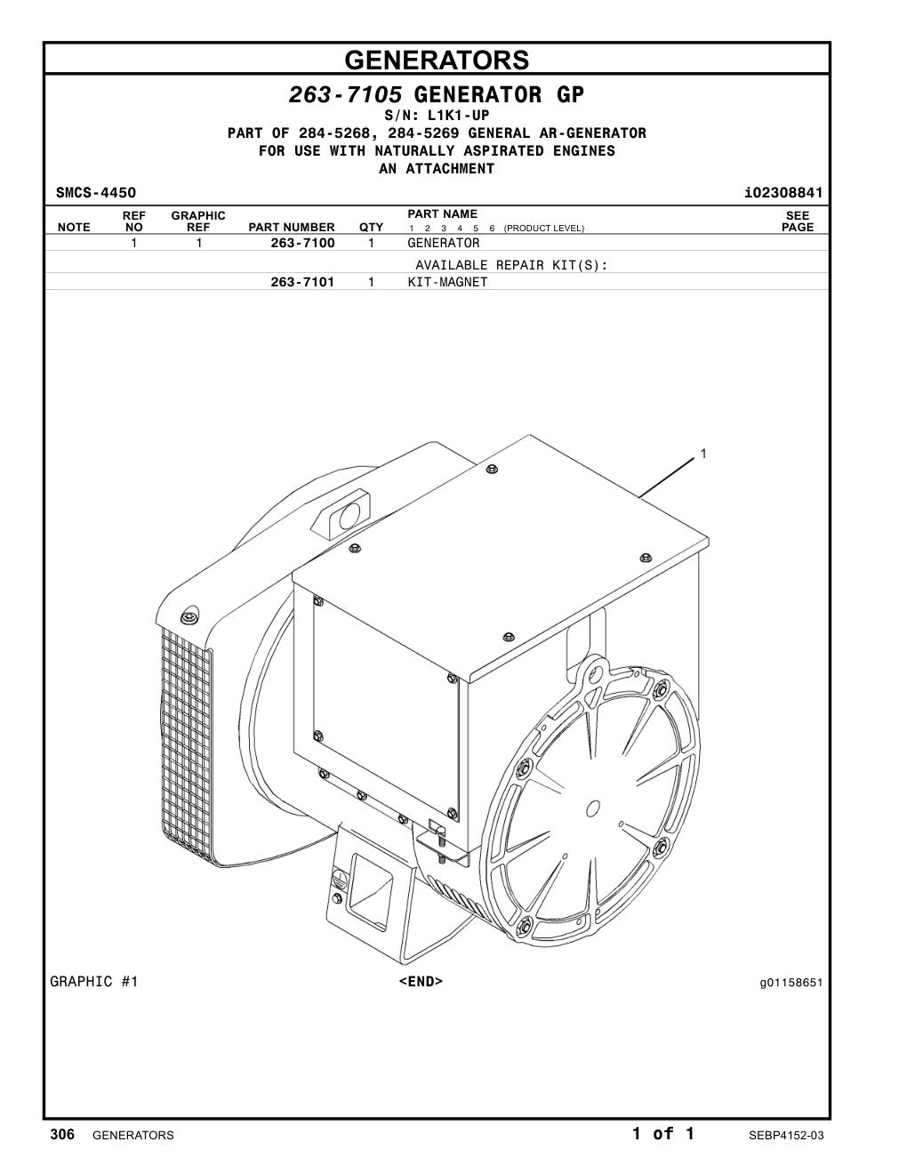 263-7100 GENERATOR · S/N L1K1-UP CAT parts manual diagram