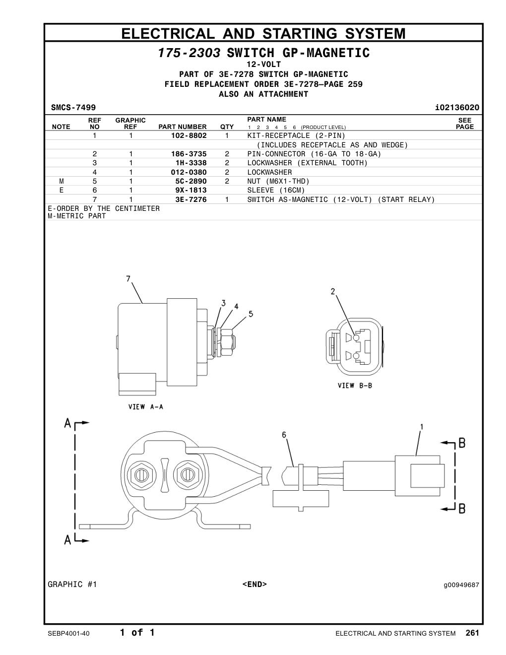 3E-7276 SWITCH AS-MAGNETIC (12-VOLT) (START RELAY) CAT parts manual diagram