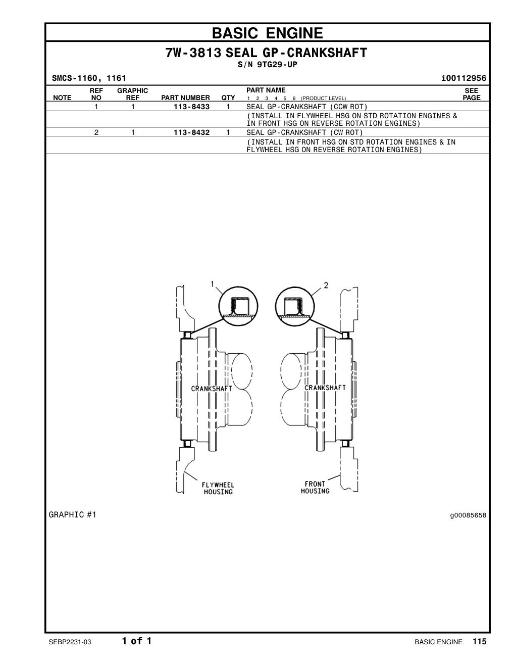 113-8433 SEAL GP-CRANKSHAFT (CCW ROT) · S/N 9TG29-UP CAT parts manual diagram