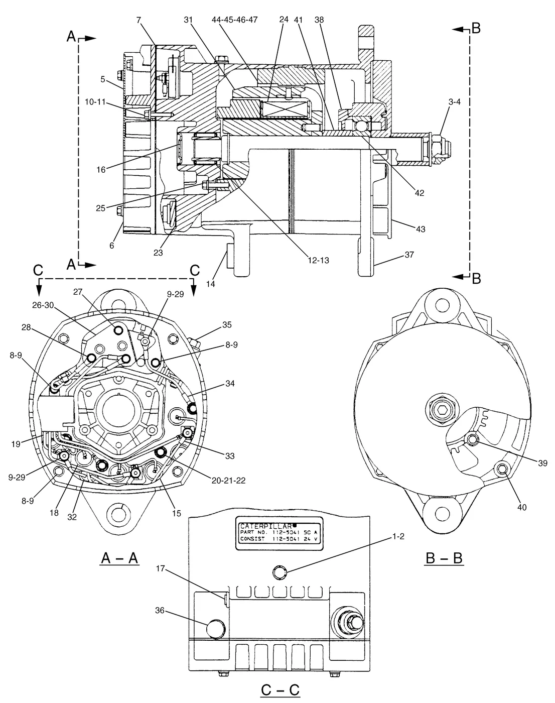 345B · ELECTRICAL AND STARTING SYSTEM · 100-5047 CAT parts diagram